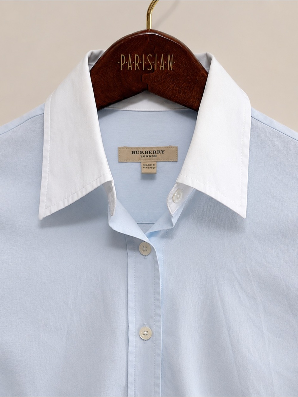 Burberry London Light Blue Stretch Button Tailored Shirt White Collar Women’s M - Picture 2 of 11